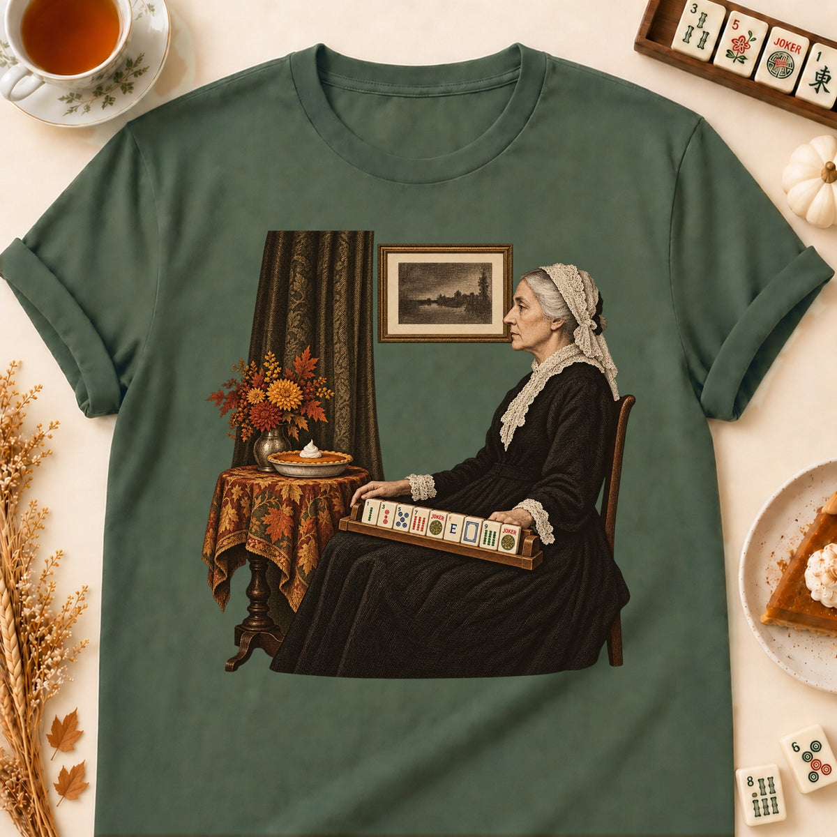 Whistler's Mother mahjong T-shirt in Military Green, laid flat. [bb c=military-green r=flat]