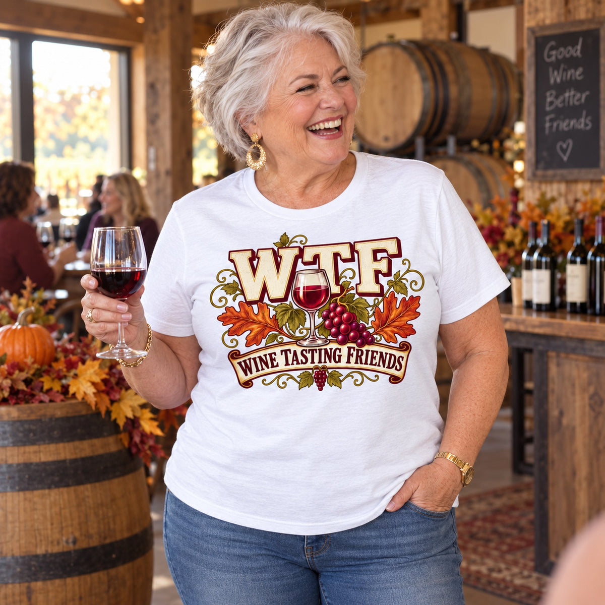 WTF Wine Tasting Friends T-shirt in White, worn by Carol. Carol is 5′5″ and wears her usual size 2XL. [bb c=white r=body2]