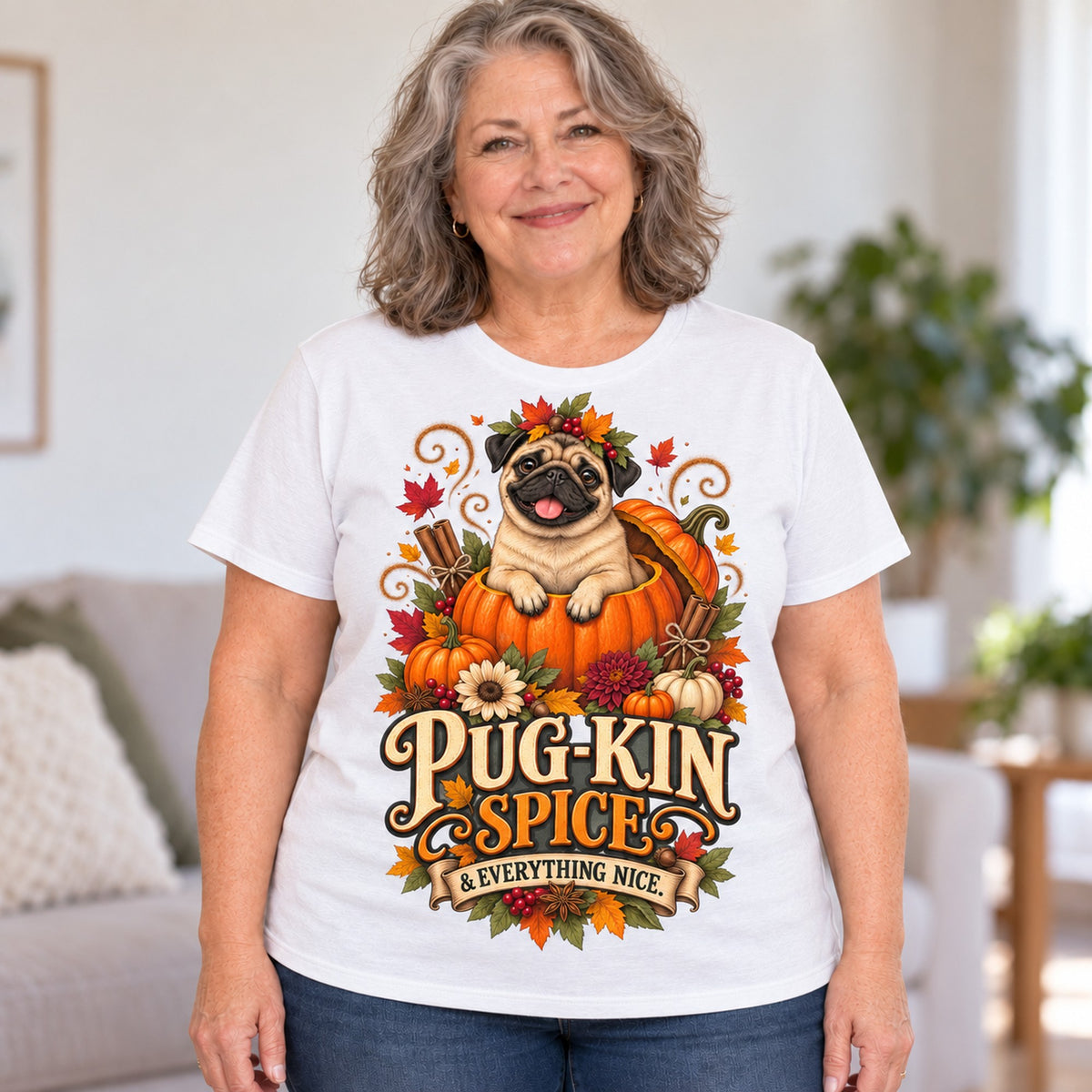 Pug-Kin Spice T-shirt in White, worn by Donna. Donna is 5′3″ and wears her usual size 2XL. [bb c=white r=body2]