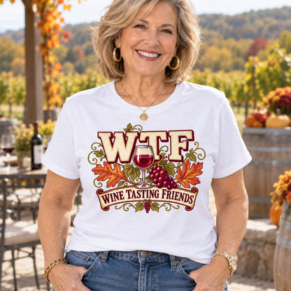 WTF Wine Tasting Friends T-shirt in White, close-up of the print, worn by Susan. Susan is 5′4″ and wears her usual size L. [bb c=white r=close]