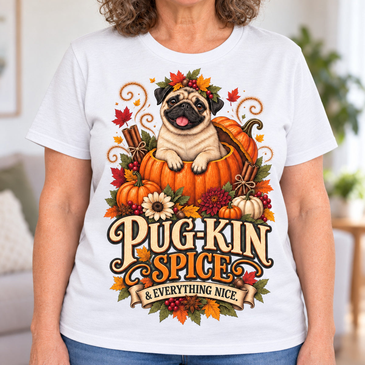 Pug-Kin Spice T-shirt in White, close-up of the print, worn by Janet. Janet is 5′6″ and wears her usual size L. [bb c=white r=close]
