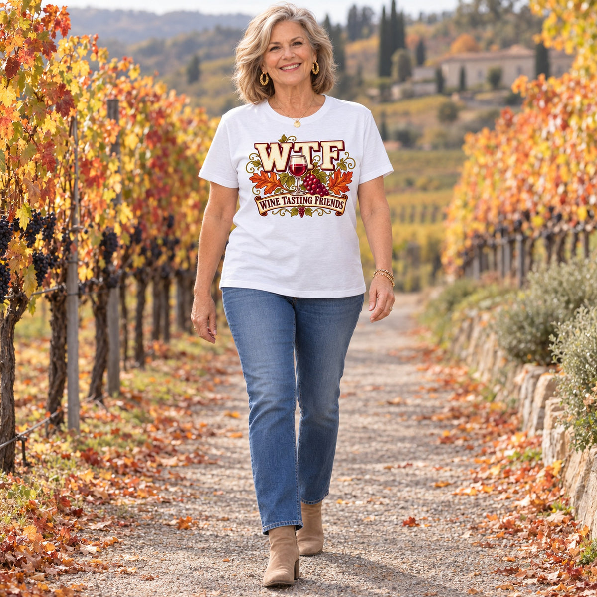 WTF Wine Tasting Friends T-shirt in White, full length, worn by Susan. Susan is 5′4″ and wears her usual size L. [bb c=white r=fit]