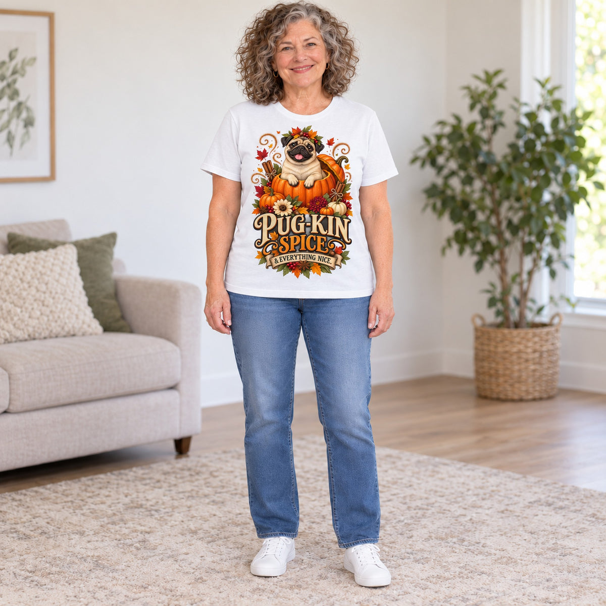 Pug-Kin Spice T-shirt in White, full length, worn by Janet. Janet is 5′6″ and wears her usual size L. [bb c=white r=fit]