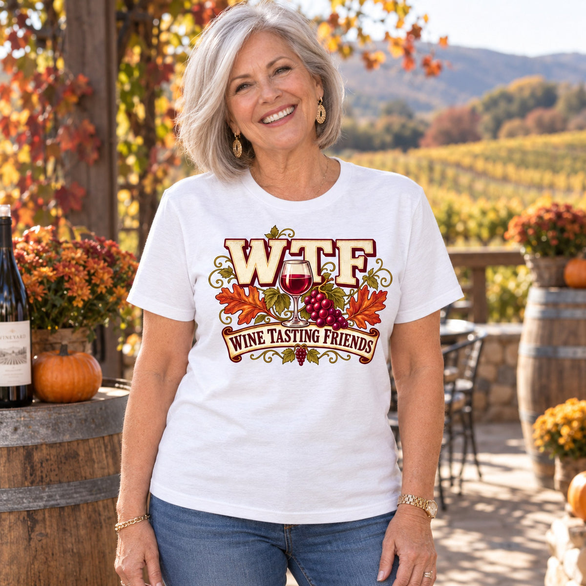 WTF Wine Tasting Friends T-shirt in White, worn by Susan. Susan is 5′4″ and wears her usual size L. [bb c=white r=hero]
