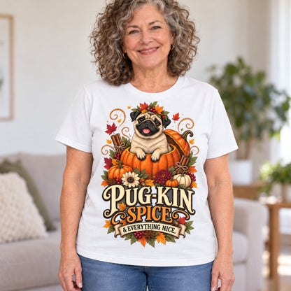 Pug-Kin Spice T-shirt in White, worn by Janet. Janet is 5′6″ and wears her usual size L. [bb c=white r=hero]