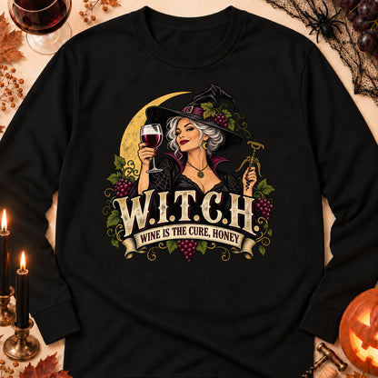 W.I.T.C.H. Wine Is The Cure, Honey Colored Print Long Sleeves in Black — flat lay