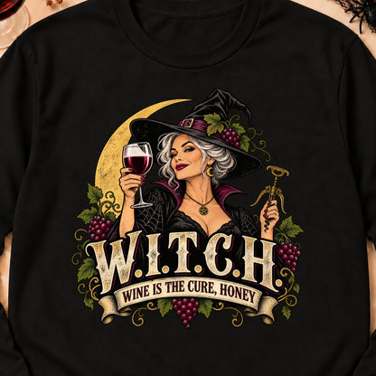 W.I.T.C.H. Wine Is The Cure, Honey Colored Print Long Sleeves in Black — design detail