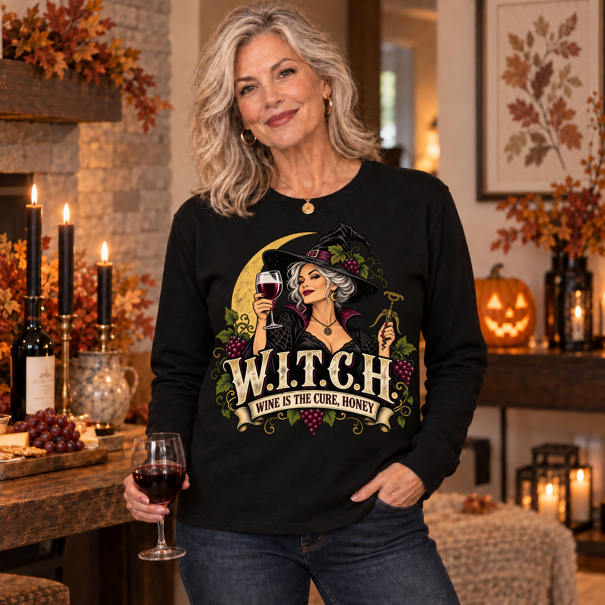 W.I.T.C.H. Wine Is The Cure, Honey Colored Print Long Sleeves in Black — modeled lifestyle