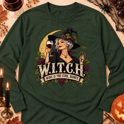 W.I.T.C.H. Wine Is The Cure, Honey Colored Print Long Sleeves in Forest Green — flat lay