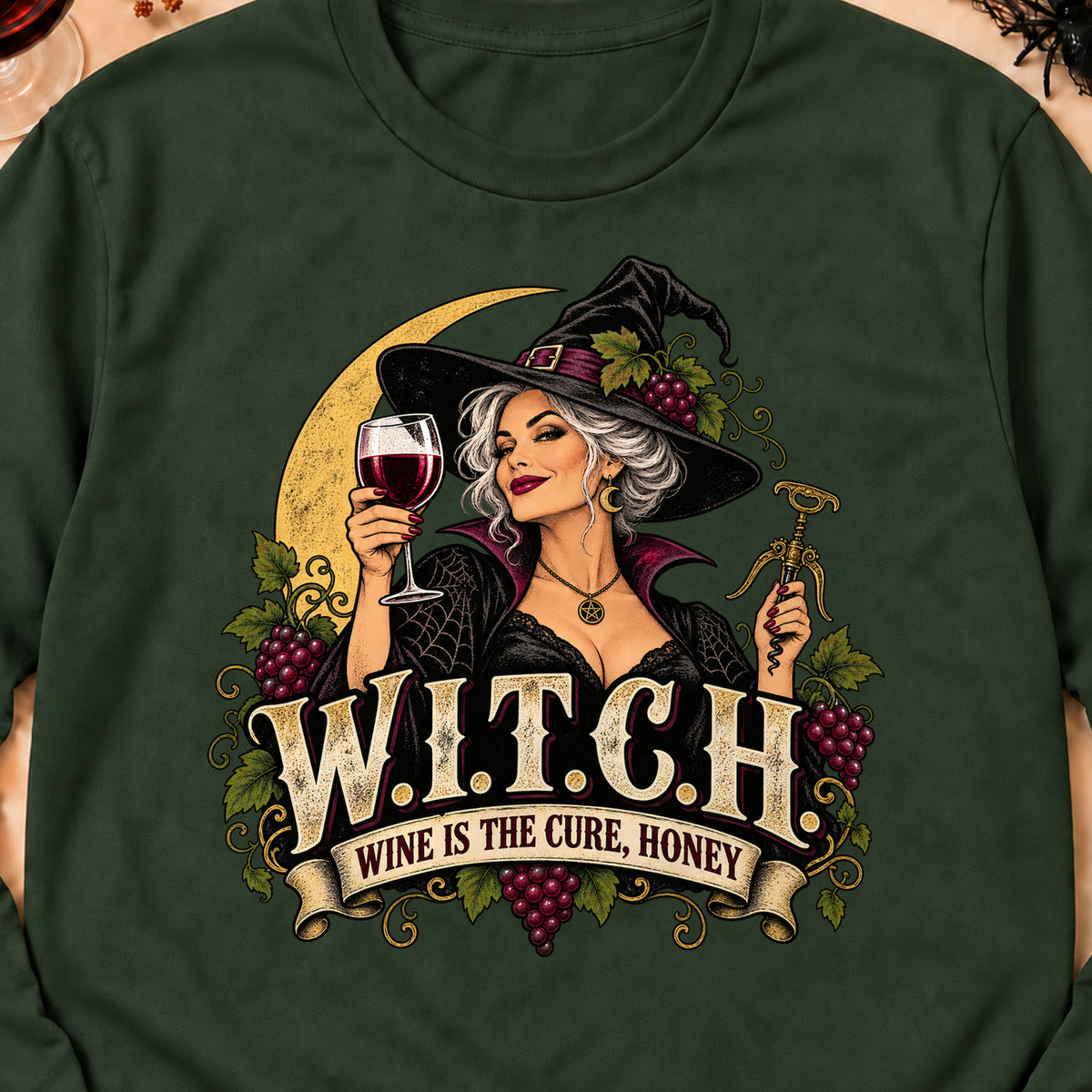 W.I.T.C.H. Wine Is The Cure, Honey Colored Print Long Sleeves in Forest Green — design detail