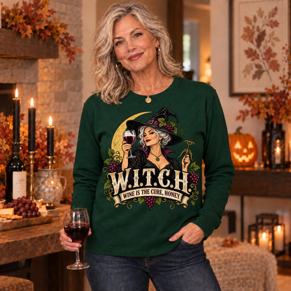 W.I.T.C.H. Wine Is The Cure, Honey Colored Print Long Sleeves in Forest Green — modeled lifestyle