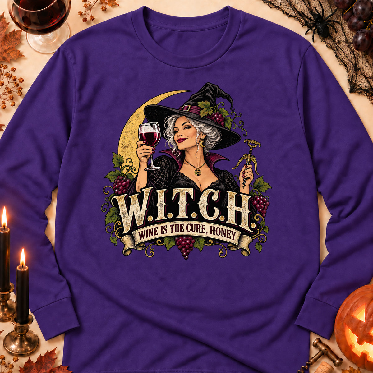 W.I.T.C.H. Wine Is The Cure, Honey Colored Print Long Sleeves in Purple — flat lay