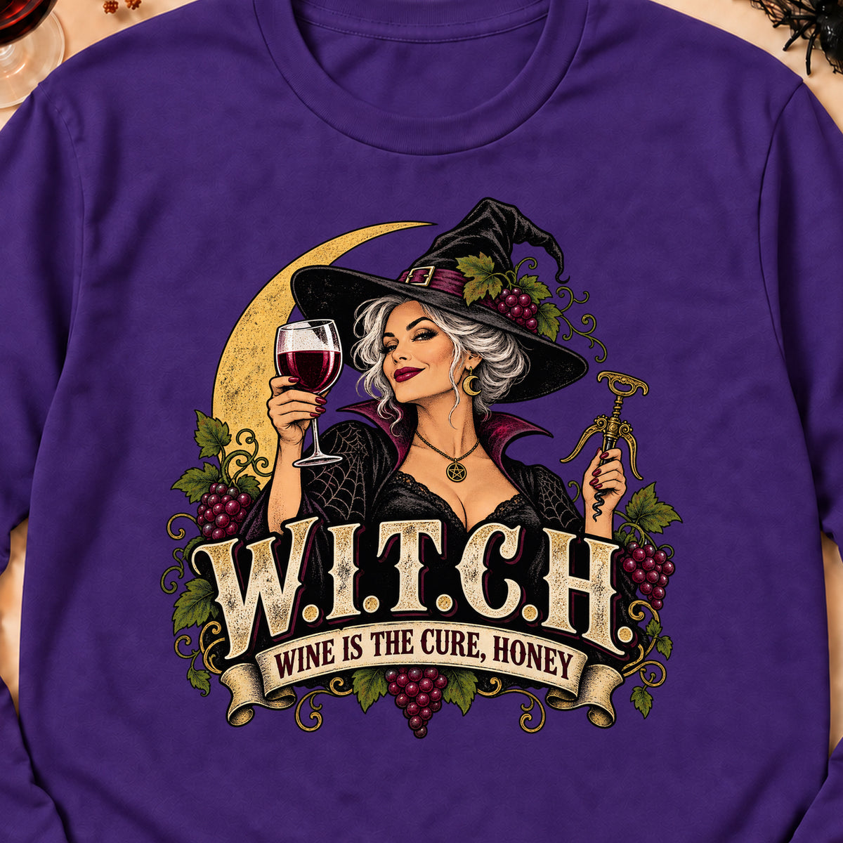 W.I.T.C.H. Wine Is The Cure, Honey Colored Print Long Sleeves in Purple — design detail