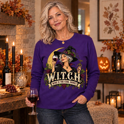 W.I.T.C.H. Wine Is The Cure, Honey Colored Print Long Sleeves in Purple — modeled lifestyle