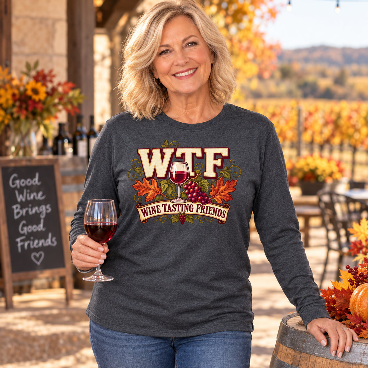WTF Wine Tasting Friends Fall Colored Print Long Sleeves in Dark Heather — modeled lifestyle