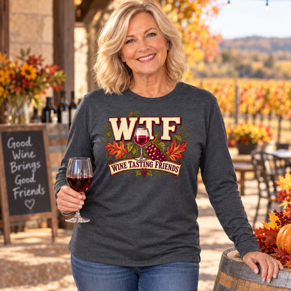 WTF Wine Tasting Friends Fall Colored Print Long Sleeves in Dark Heather — modeled lifestyle