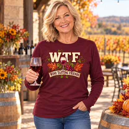 WTF Wine Tasting Friends Fall Colored Print Long Sleeves in Maroon — modeled lifestyle