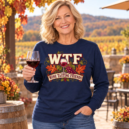 WTF Wine Tasting Friends Fall Colored Print Long Sleeves in Navy — modeled lifestyle