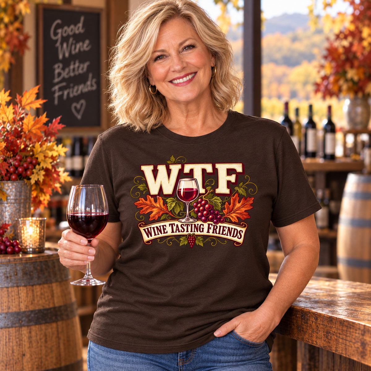 WTF Wine Tasting Friends Fall Colored Print T-Shirt in Dark Chocolate — modeled lifestyle