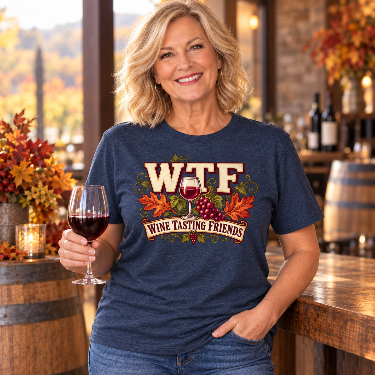 WTF Wine Tasting Friends Fall Colored Print T-Shirt in Heather Navy — modeled lifestyle