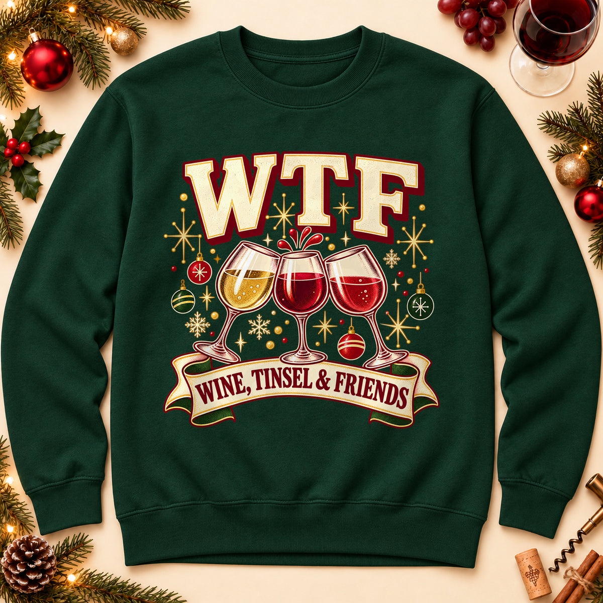 WTF Wine, Tinsel & Friends sweatshirt in Forest Green, laid flat. [bb c=forest-green r=flat]