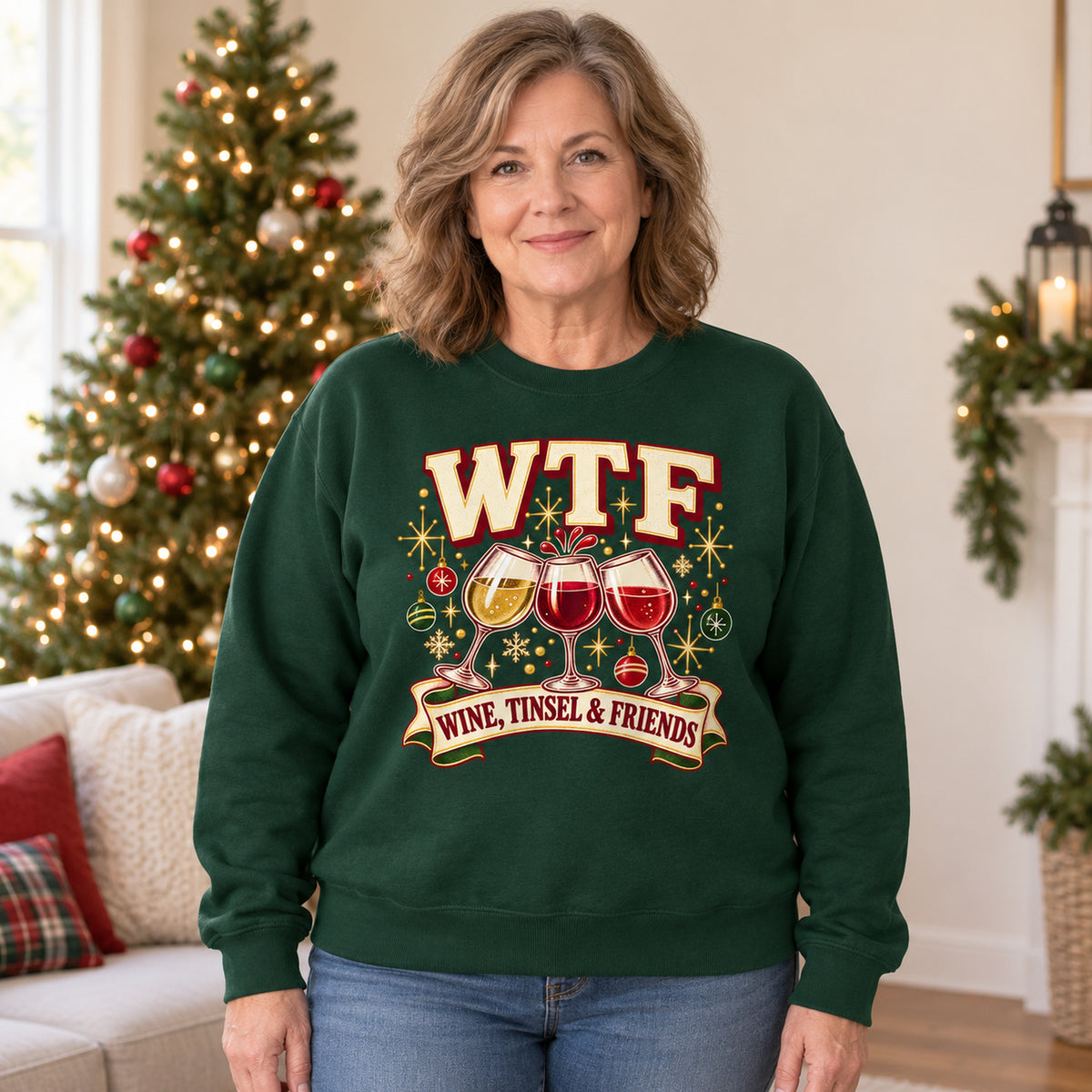 WTF Wine, Tinsel & Friends Colored Print Sweatshirt in Forest Green — modeled lifestyle