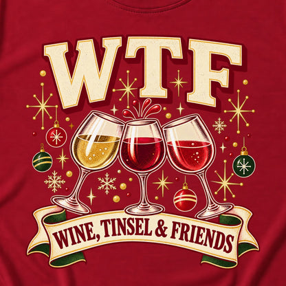 WTF Wine, Tinsel & Friends Colored Print T-Shirt in Cardinal Red — design detail