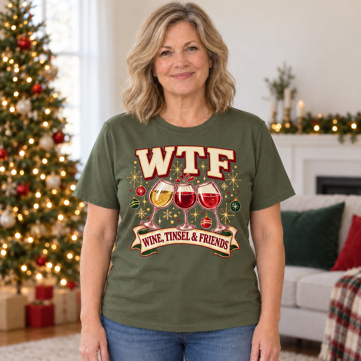 WTF Wine, Tinsel & Friends Colored Print T-Shirt in Military Green — modeled lifestyle