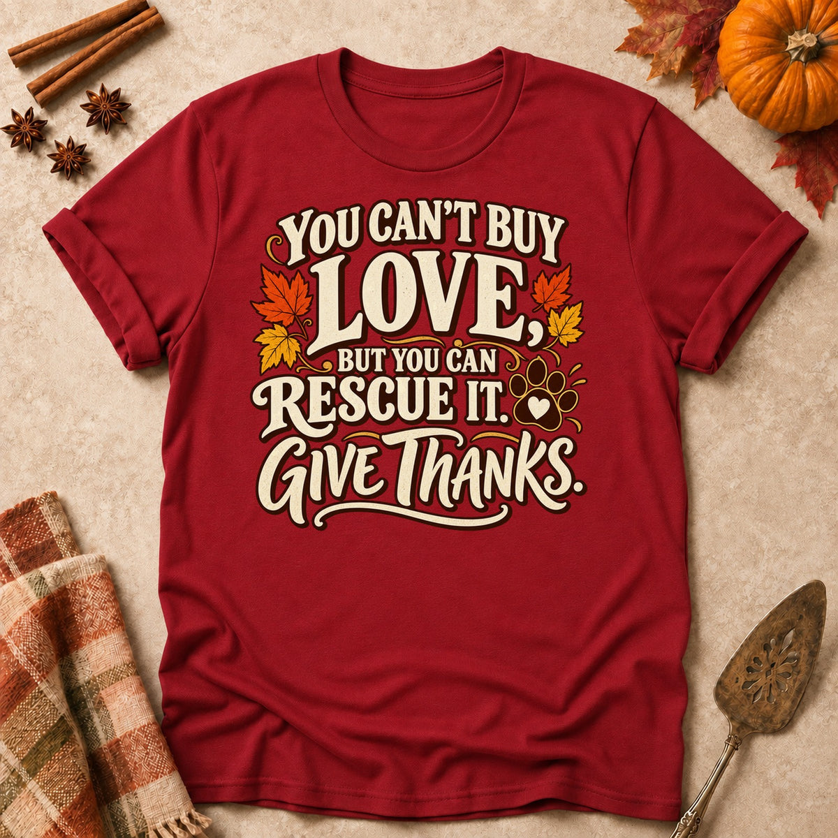 Rescue It dog mom T-shirt in Cardinal Red, laid flat. [bb c=cardinal-red r=flat]