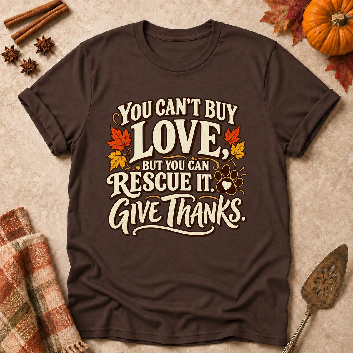 Rescue It dog mom T-shirt in Dark Chocolate, laid flat. [bb c=dark-chocolate r=flat]