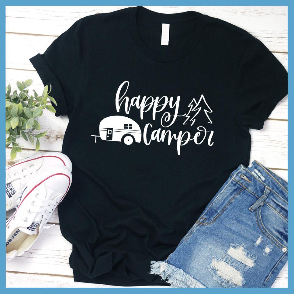 Happy Camper T-Shirt Black - Fun Happy Camper T-Shirt with playful camper and trees design, perfect for outdoor enthusiasts.