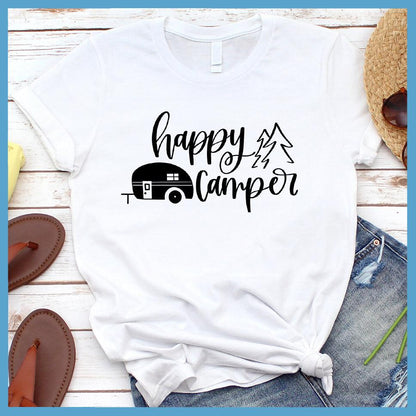 Happy Camper T-Shirt White - Fun Happy Camper T-Shirt with playful camper and trees design, perfect for outdoor enthusiasts.
