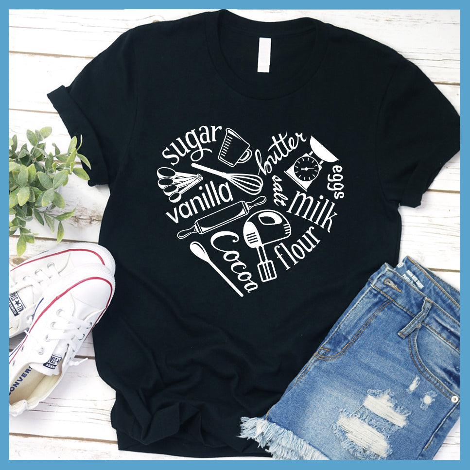 Bakery Heart Version 2 T-Shirt Black - Whimsical baking-themed graphic tee with heart-shaped design of kitchen utensils and ingredients.