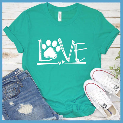 Dog Love T-Shirt Teal - Stylish Dog Love T-Shirt with a paw print and heart design, great for dog owners