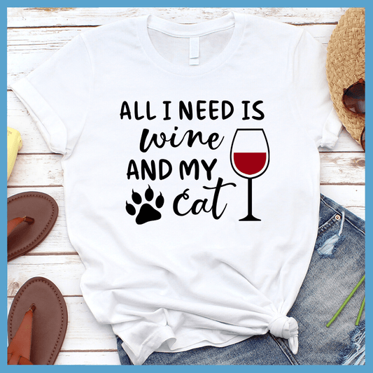 All I Need Is Wine And My Cat Colored Print T-Shirt