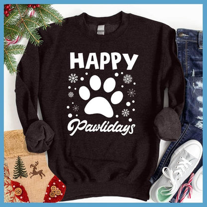 Happy Pawlidays Sweatshirt Black - Happy Pawlidays festive sweatshirt with paw print and snowflakes design