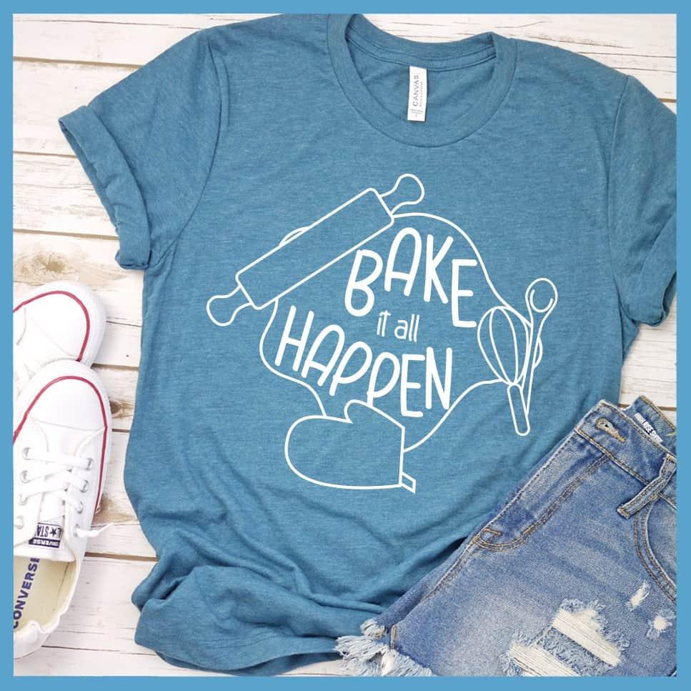 Bake It All Happen T-Shirt Heather Deep Teal - Graphic tee with whimsical baking design featuring rolling pin and whisk