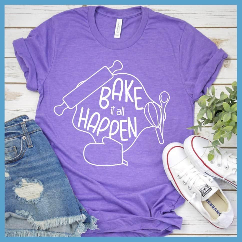 Bake It All Happen T-Shirt Heather Purple - Graphic tee with whimsical baking design featuring rolling pin and whisk