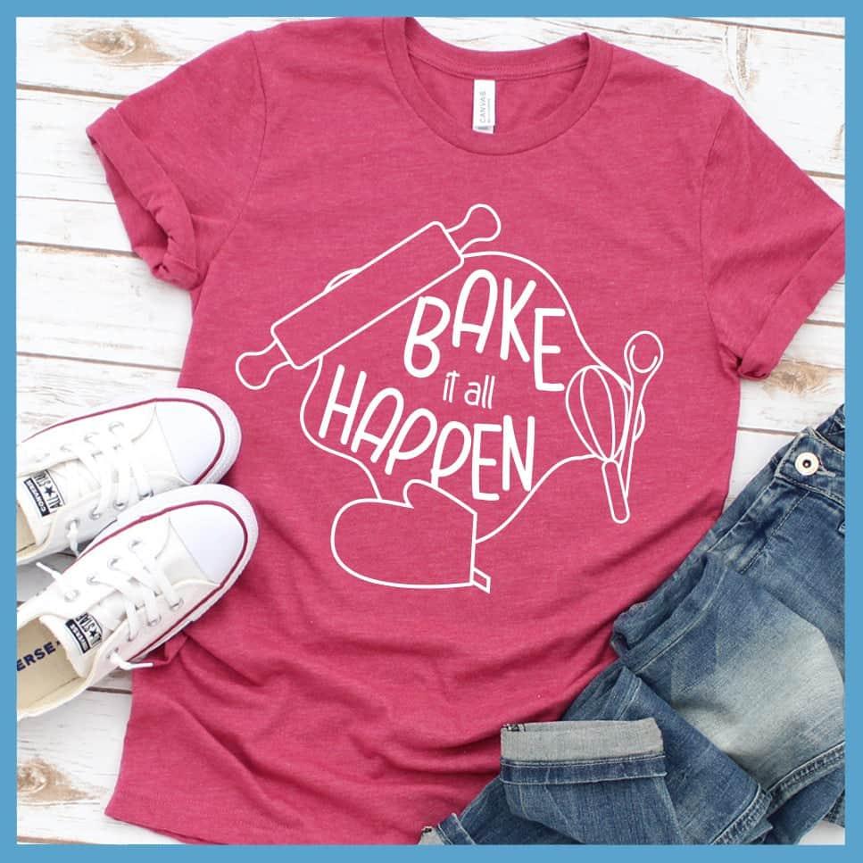 Bake It All Happen T-Shirt Heather Raspberry - Graphic tee with whimsical baking design featuring rolling pin and whisk