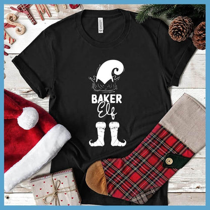 Baker Elf T-Shirt Black - Playful Baker Elf graphic t-shirt with festive holiday design for culinary fun