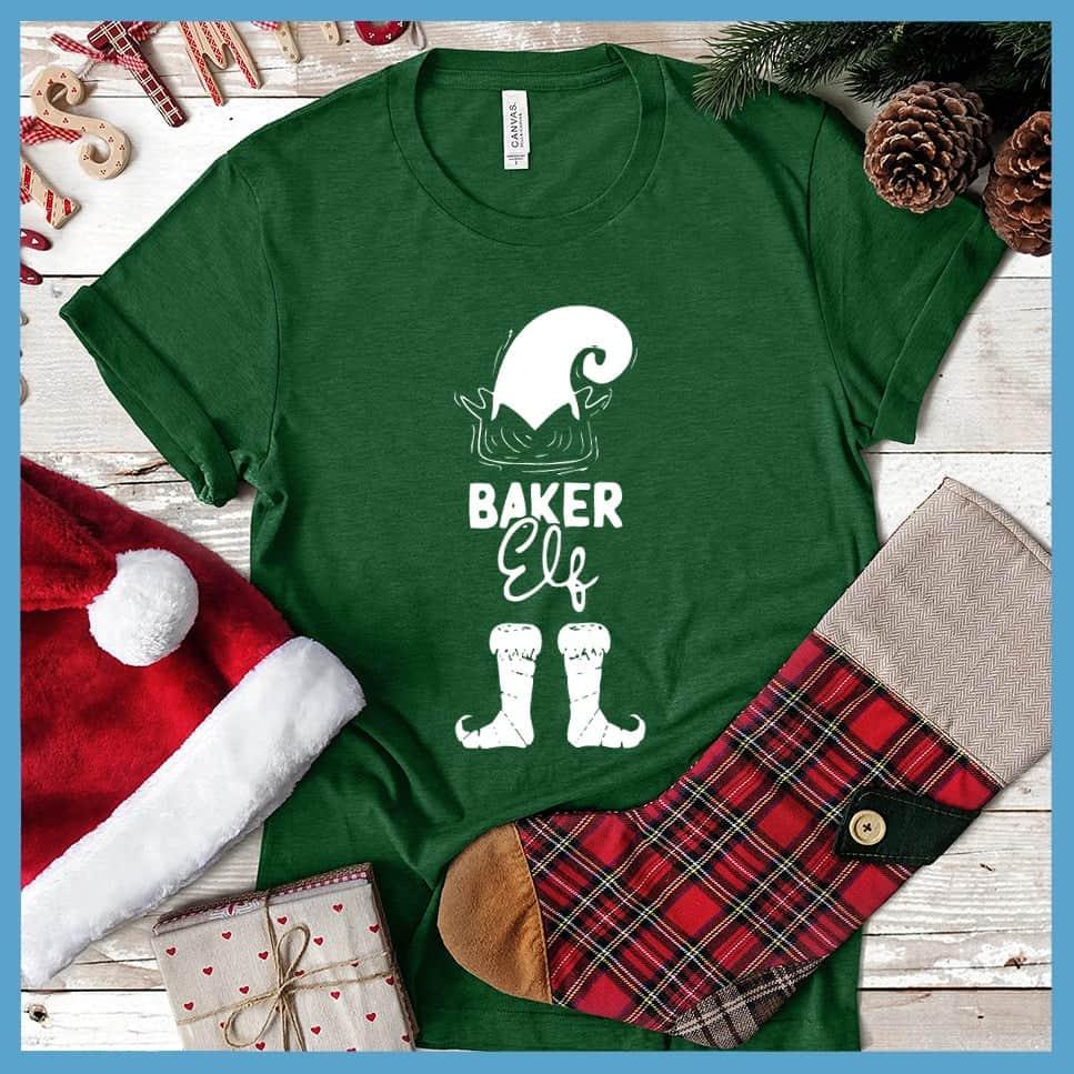 Baker Elf T-Shirt Heather Grass Green - Playful Baker Elf graphic t-shirt with festive holiday design for culinary fun