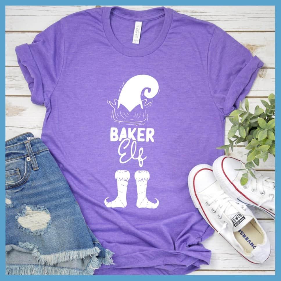 Baker Elf T-Shirt Heather Purple - Playful Baker Elf graphic t-shirt with festive holiday design for culinary fun