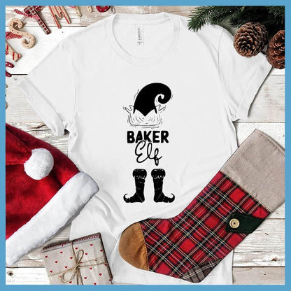 Baker Elf T-Shirt White - Playful Baker Elf graphic t-shirt with festive holiday design for culinary fun