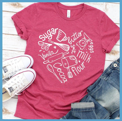 Bakery Heart T-Shirt Heather Raspberry - Casual t-shirt with heart-shaped baking tools graphic design for foodies and bakers.