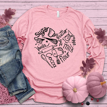Bakery Heart Long Sleeves Pink Edition Pink - Hand-drawn baking elements forming a heart on a long sleeve tee, perfect for food lovers and style enthusiasts.
