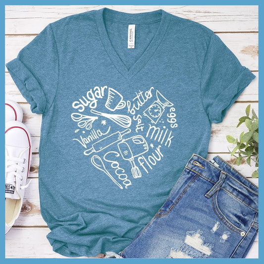 Bakery Heart V-Neck Heather Deep Teal - Bakery-themed graphic V-neck tee with heart-shaped baking ingredient design.