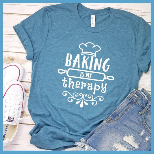 Baking Is My Therapy T-Shirt Heather Deep Teal - "Baking Is My Therapy" T-Shirt with whimsical chef hat and rolling pin design.