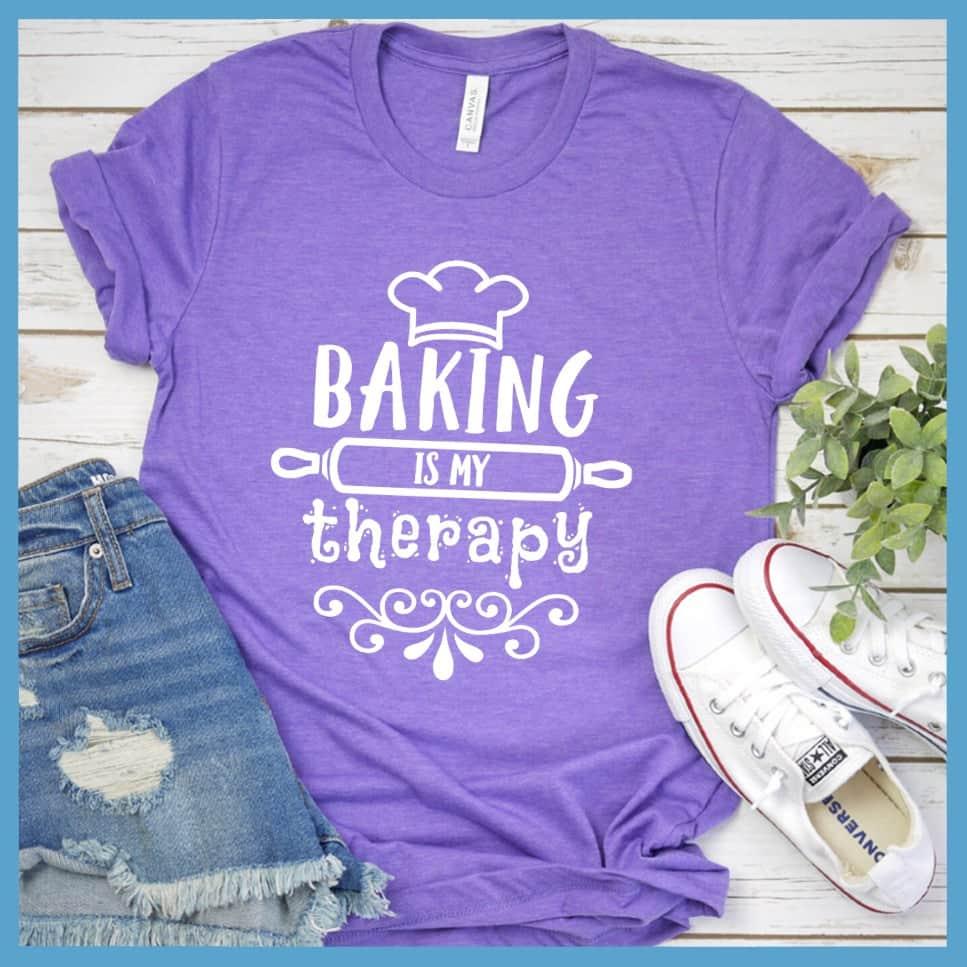 Baking Is My Therapy T-Shirt Heather Purple - "Baking Is My Therapy" T-Shirt with whimsical chef hat and rolling pin design.