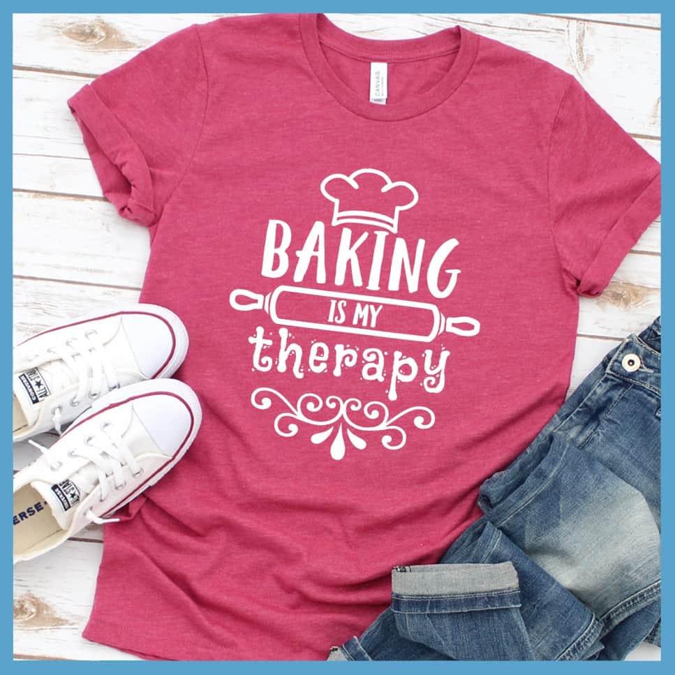Baking Is My Therapy T-Shirt Heather Raspberry - "Baking Is My Therapy" T-Shirt with whimsical chef hat and rolling pin design.