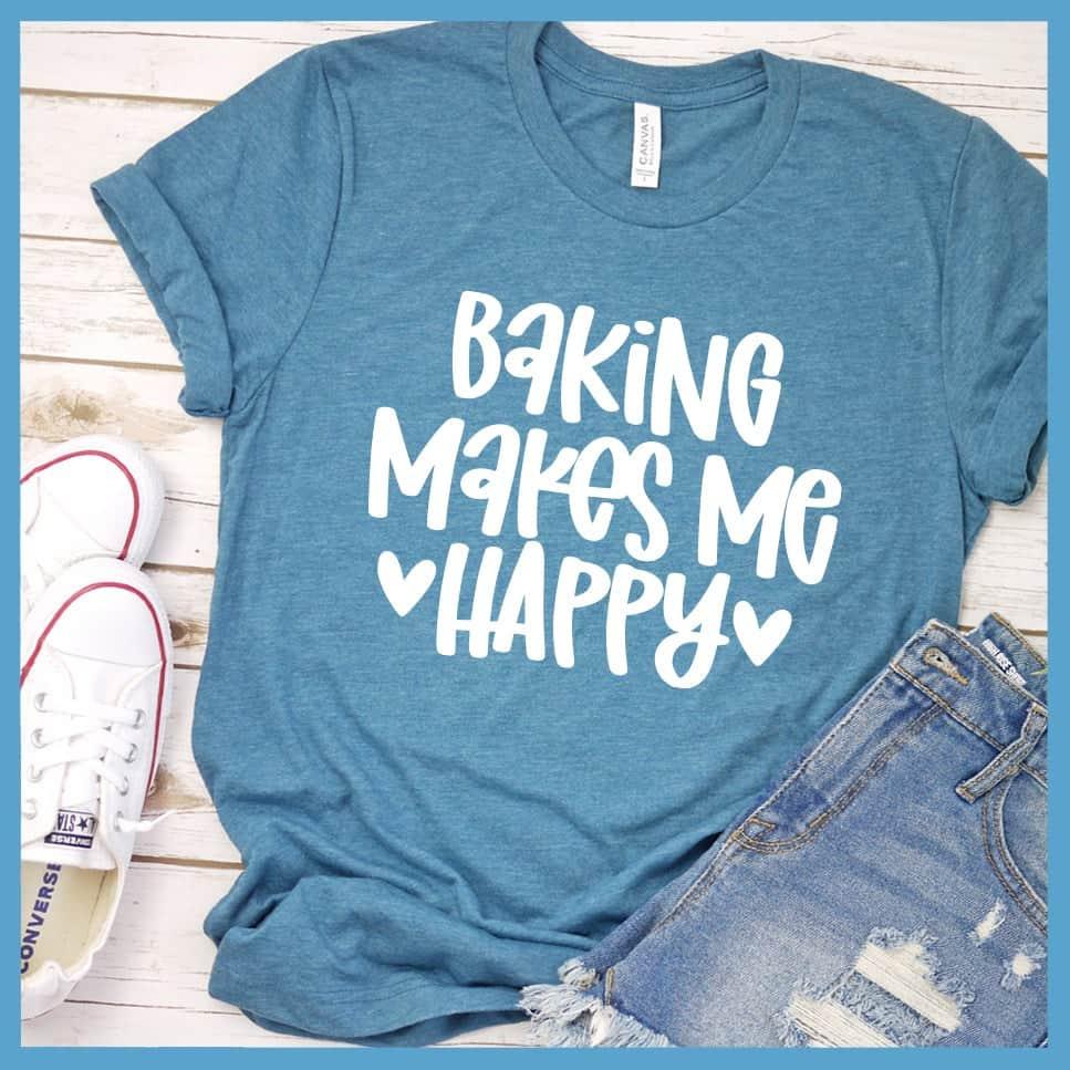 Baking Makes Me Happy T-Shirt Heather Deep Teal - Graphic tee with 'Baking Makes Me Happy' in stylized font surrounded by love hearts